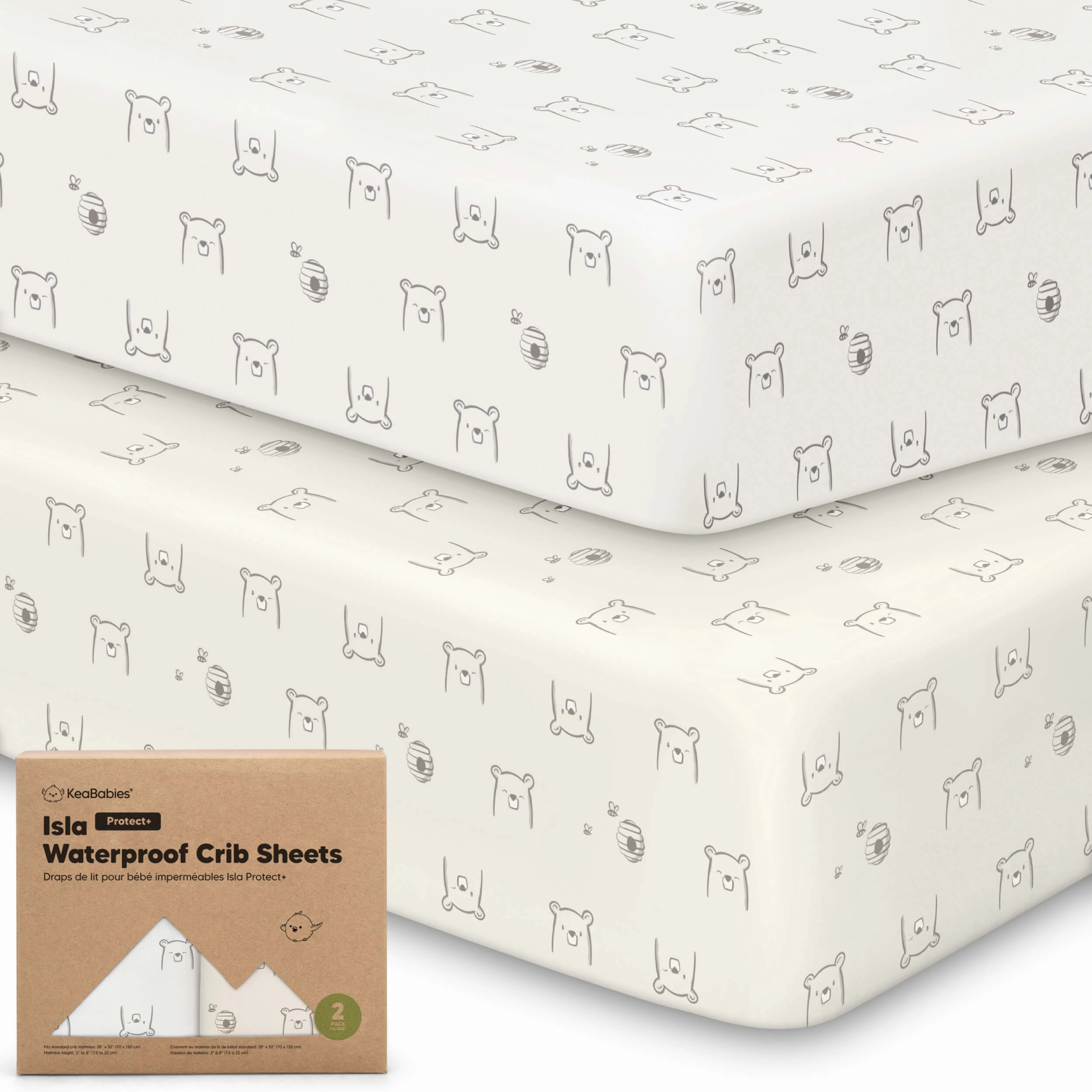 2-Pack Isla [Protect ] Waterproof Crib Sheets (Bumble Bear)
