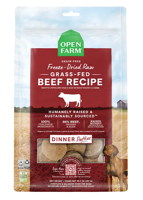 Open Farm Grain Free Grass Fed Beef Recipe Freeze Dried Raw Dog Food Patties