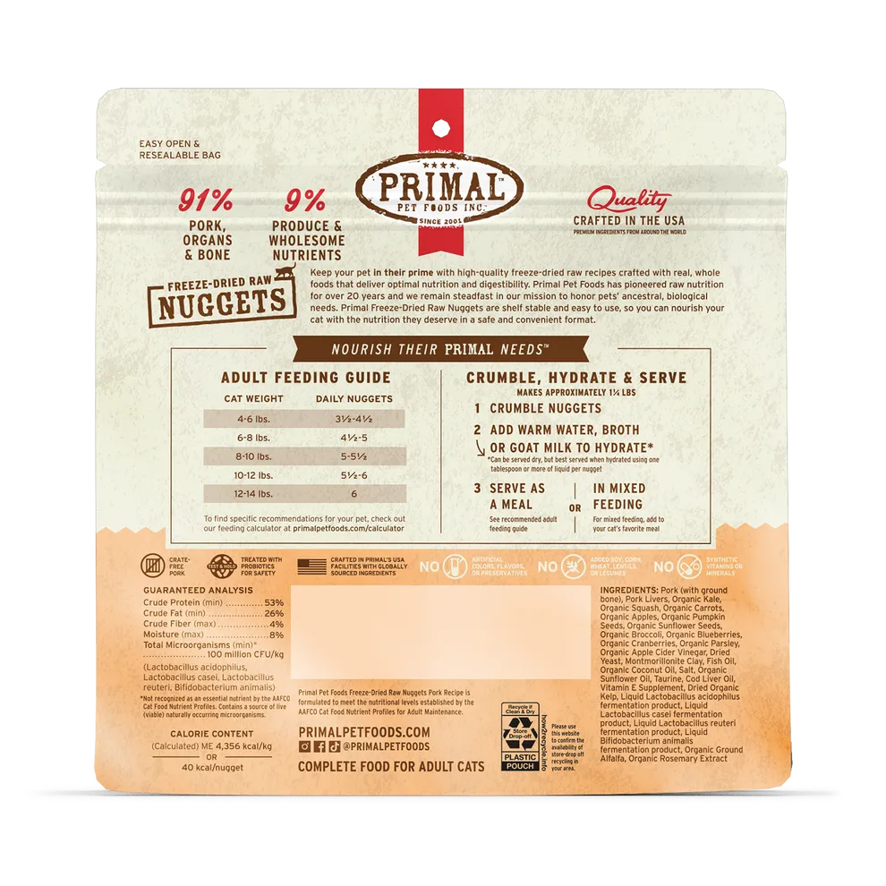 Primal Freeze-Dried Nuggets Grain Free Pork Formula Complete Diet Cat Food