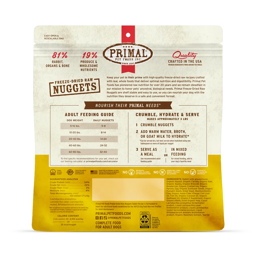 Primal Freeze Dried Nuggets Grain Free Rabbit Formula Dog Food