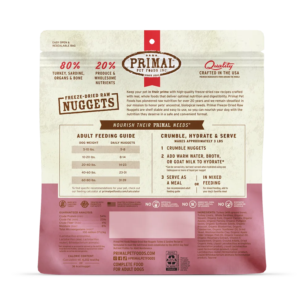 Primal Freeze Dried Nuggets Grain Free Turkey and Sardine Formula Dog Food