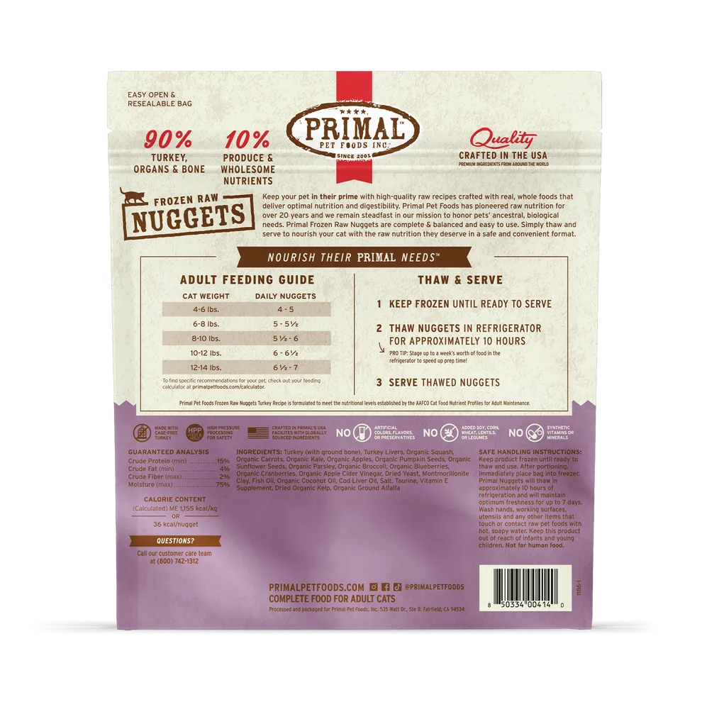 Primal Raw Frozen Nuggets Turkey Formula For Cats