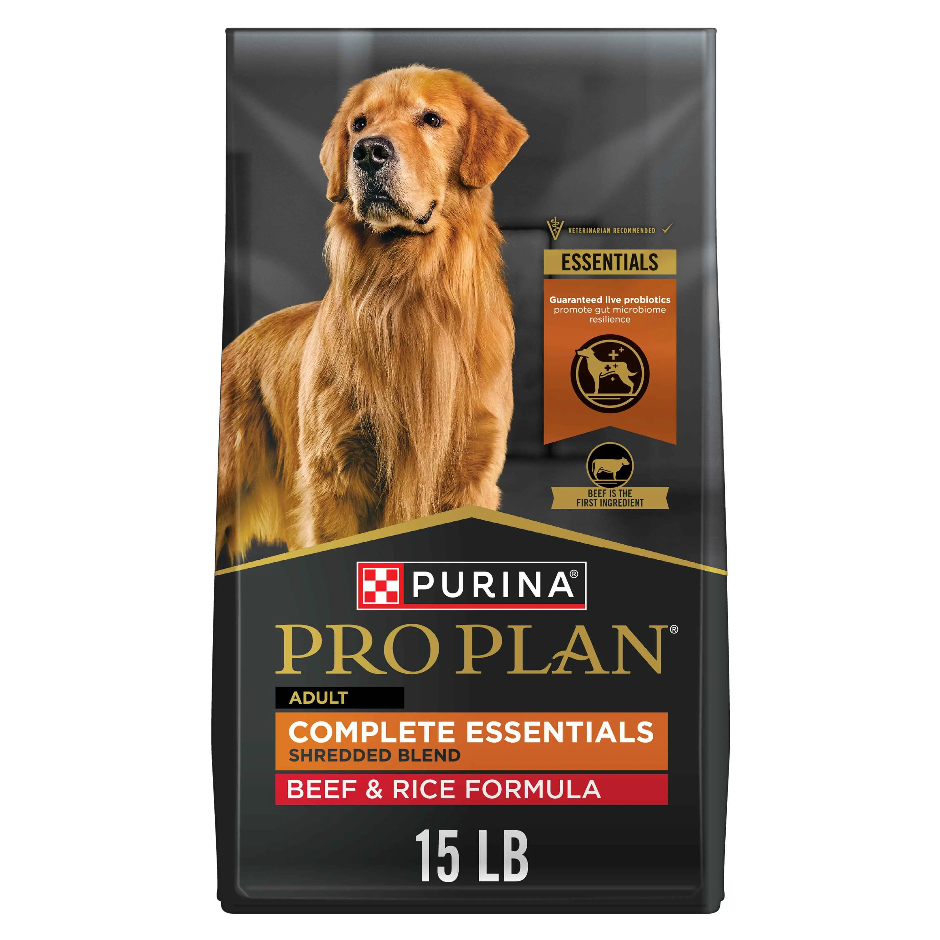 Purina Pro Plan Complete Essentials Shredded Blend Beef and Rice Dog Food Dry Formula with Probiotics for Dogs